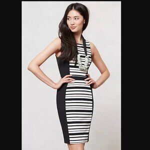 Anthro Black & White Striped Pencil Dress w Lace Back Sz XS Excellent Condition